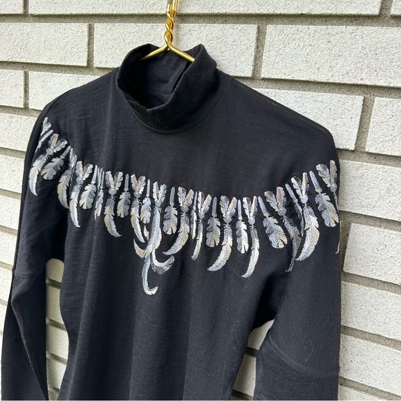 Vintage Bogner Made Italy Wool Layer Mock Neck Feather Embroidered Black Shirt - Picture 2 of 11